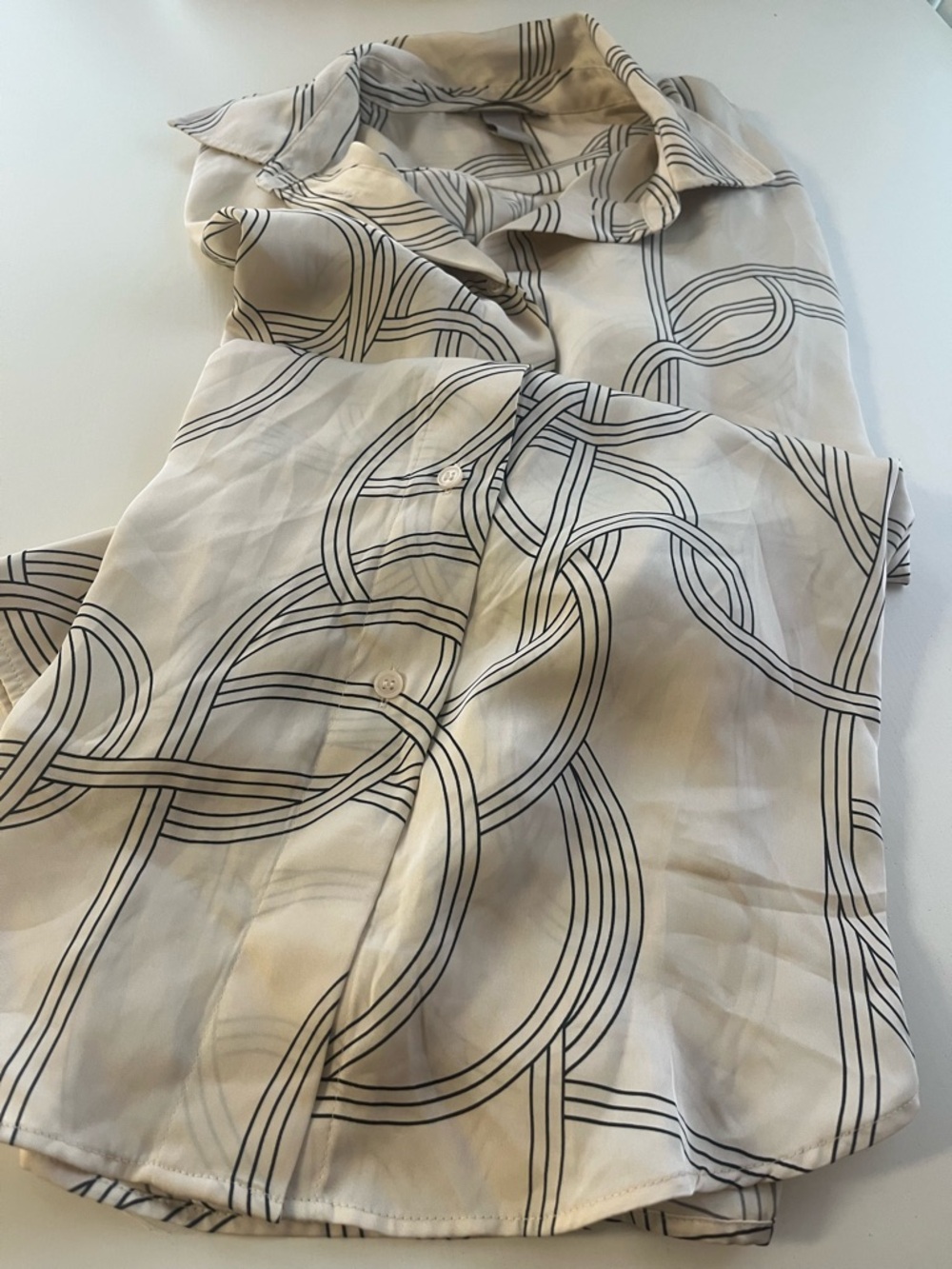 Silk-Look Button Front Blouse in Cream with Black Graphic Lines
